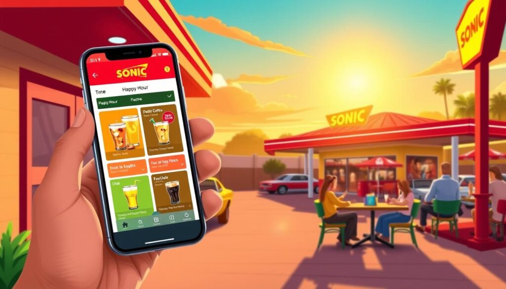 A vibrant digital illustration showcasing a smartphone displaying the Sonic app interface, prominently featuring colorful graphics of drinks and food items available during happy hour. In the foreground, the phone is held by a hand, suggesting excitement and convenience. In the middle ground, a cozy outdoor setting at a Sonic drive-in, complete with a bright red roof, classic cars parked, and cheerful diners enjoying their meals, adds context. The background includes a warm sunset sky that casts a golden glow, enhancing the joyful atmosphere. The overall mood is lively and inviting, emphasizing the idea of happy hour being easily accessible through the app. The lighting is bright and cheerful, giving off an upbeat vibe.