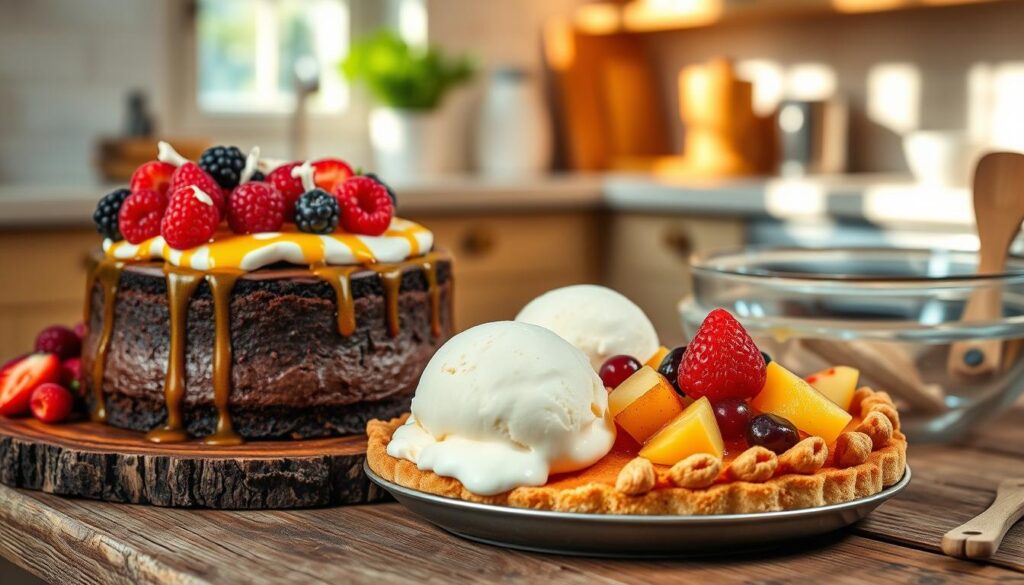 A vibrant display of delectable gluten-free desserts on a rustic wooden table, prominently featuring a rich chocolate cake topped with colorful berries, creamy coconut frosting, and a drizzle of maple syrup. Beside it, a delicate fruit tart bursting with seasonal fruits and a gluten-free crust complements an inviting scoop of honey vanilla ice cream in a gleaming glass bowl. In the background, a softly blurred vignette of a sunlit kitchen with light streaming through a window creates a warm, inviting atmosphere. The scene is captured from a slightly elevated angle for a detailed view of textures and colors, enhancing the appetizing allure of these gluten-free treats. The overall mood is cozy and inviting, perfect for dessert enthusiasts seeking gluten-free options.