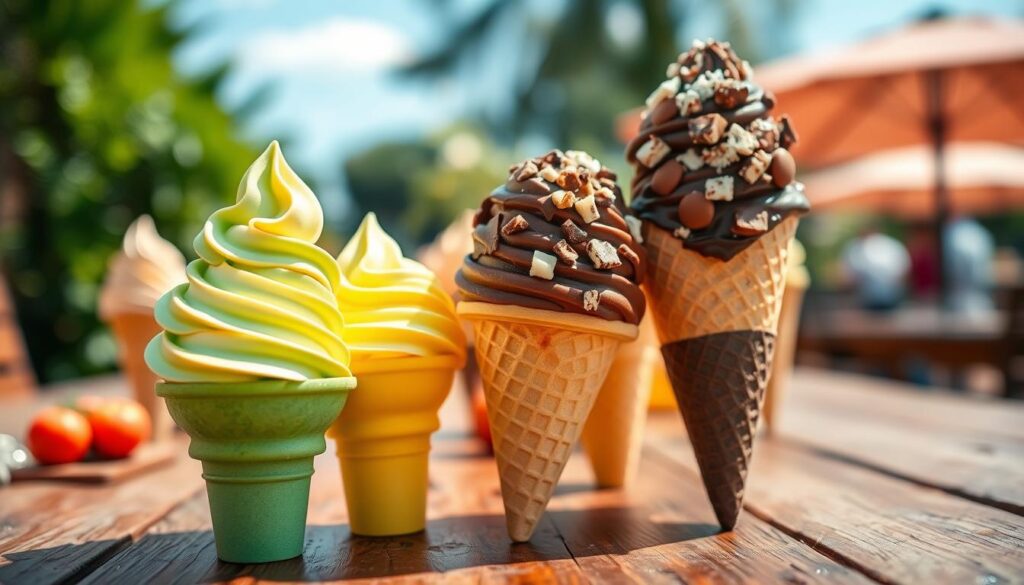 A vibrant display of seasonal ice cream cone flavors arranged artfully on a rustic wooden table. In the foreground, feature a trio of colorful cones: a bright, mint green cone topped with swirls of pistachio ice cream, a cheerful yellow cone with creamy lemon sorbet, and a rich, dark chocolate cone adorned with chunks of fudge and sprinkles. In the middle ground, a blurred selection of other seasonal flavors can be seen, like pumpkin spice and strawberry. The background showcases a sunny outdoor scene with soft-focus greenery and a clear blue sky, creating a warm, inviting atmosphere. Soft, natural lighting enhances the textures and colors of the cones, evoking a cheerful, summery mood. Capture the scene with a slight downward angle to emphasize the delightful details of the ice cream toppings.