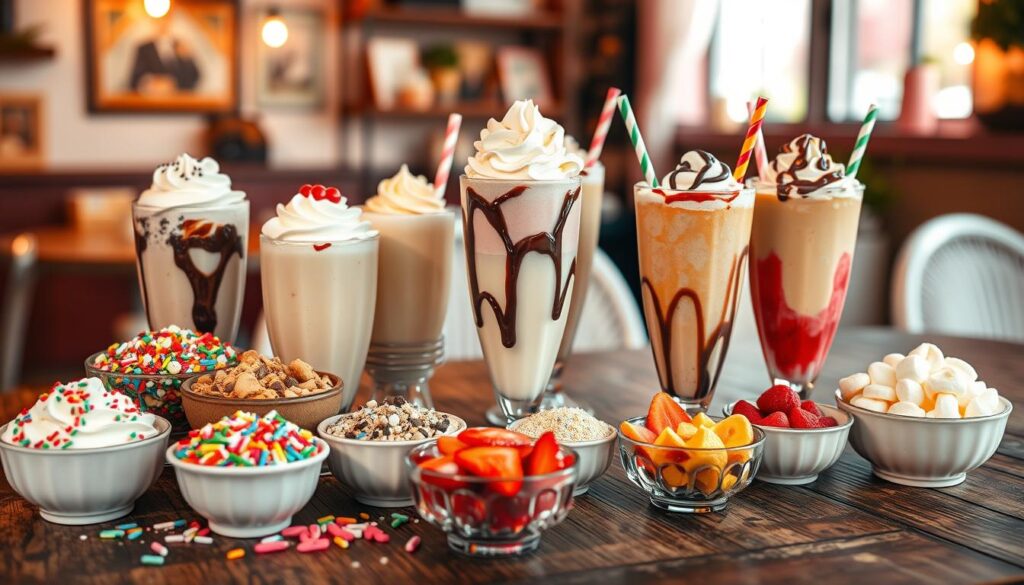 A vibrant display of various milkshake toppings and mix-ins, arranged artistically on a rustic wooden table. In the foreground, colorful sprinkles, whipped cream, chocolate syrup, and fresh fruits like strawberries and bananas are beautifully presented in small, elegant bowls. The middle ground features overflowing milkshakes in tall glasses, each adorned with a different combination of toppings, showcasing a mix of creamy colors. The background consists of a dreamy, softly lit café setting with blurred-out vintage décor that hints at a welcoming atmosphere. The lighting is warm and inviting, creating a cozy and indulgent mood, with a focus on the textures and colors of the toppings. The angle is slightly from above, creating a dynamic perspective that draws the viewer's eye to the delightful toppings.