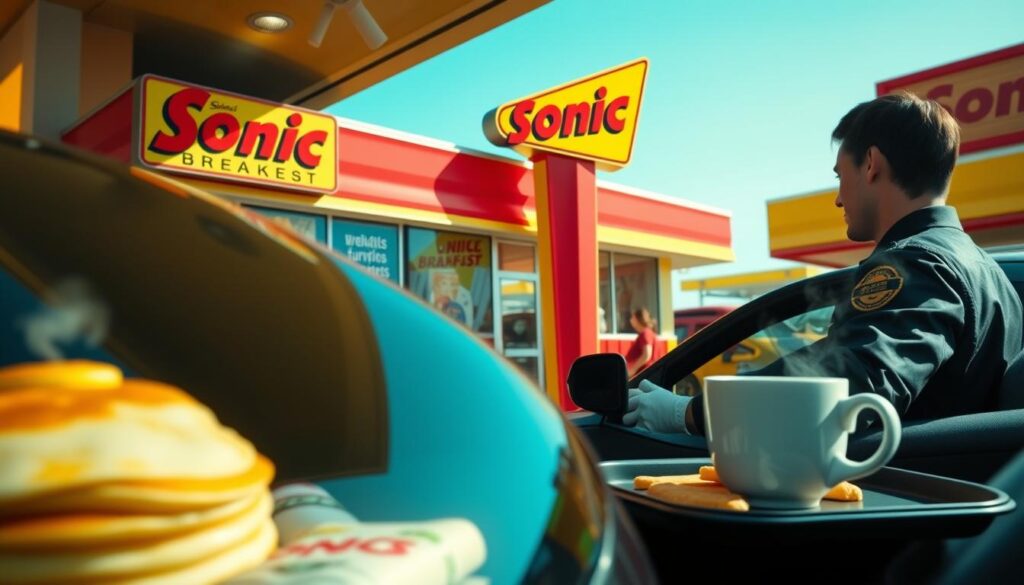 A vibrant drive-in Sonic location bustling with activity, featuring a sleek car parked at a classic drive-thru, where a friendly employee in a uniform takes an order. In the foreground, an enticing display of breakfast items like fluffy pancakes, breakfast burritos, and steaming coffee on a tray. The middle layer shows colorful signs advertising breakfast options, with a bright blue sky above. The background captures the iconic Sonic logo and retro architecture, reflecting a sunny day. The scene is bathed in warm, inviting lighting to create an inviting atmosphere, shot from a slightly elevated angle to highlight the dynamic action of ordering.