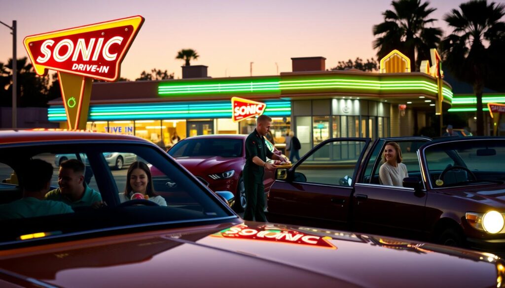 A vibrant drive-in dining scene set at dusk, showcasing a classic retro Sonic Drive-In restaurant with bright neon lights illuminating the exterior. In the foreground, several cars are parked at distinct drive-in stalls, each with passengers enjoying their meals. One vehicle features a family sharing a large tray of food, while another has a couple laughing together. In the middle ground, a friendly carhop in a professional uniform serves food to a customer, capturing the lively atmosphere of friendly service. The background reveals the iconic Sonic signage along with colorful retro architecture. Soft warm lighting creates an inviting and nostalgic mood, with a clear sky transitioning to twilight, enhancing the sense of a cozy dining experience.