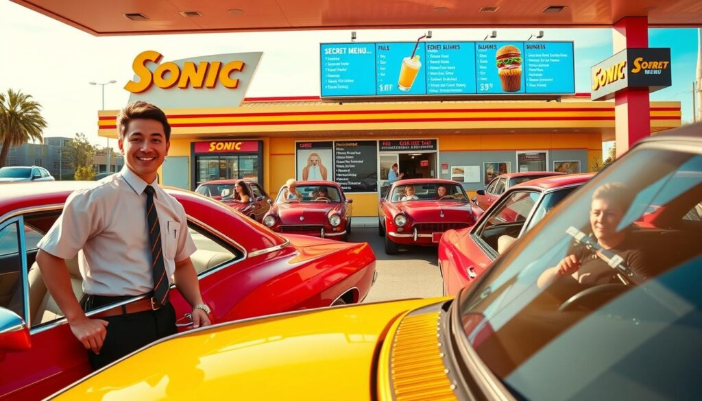 A vibrant drive-in scene showcasing the Sonic secret menu, centered around a classic Sonic restaurant with retro-style architecture. In the foreground, a friendly server in a smart uniform interacts with an eager customer, both smiling. They stand next to a bright red car with an open window, where a colorful menu board reveals enticing secret items like colorful slushes and unique burger combinations. In the middle ground, several other cars are parked, displaying various customers enjoying their meals, creating a lively atmosphere. The background features a sunny sky, with soft, warm lighting enhancing the cheerful mood. The image is captured from a slightly elevated angle, giving a dynamic view of the bustling scene, evoking a sense of excitement and community around the Sonic secret menu experience.