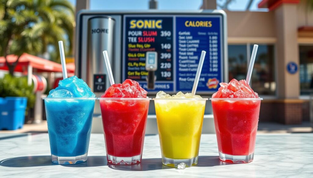 A vibrant, enticing display of a sonic slush in the foreground, showcasing three colorful cups of slush in popular flavors: bright blue raspberry, vivid cherry red, and zesty lime green, all with icy textures and condensation droplets. The middle ground features a sleek ice dispenser and a menu board displaying flavor options, prices, and calorie counts, artistically blurred to emphasize the slushes. For the background, a sunny outdoor setting with a hint of a fast-food restaurant can be seen, providing a warm, inviting atmosphere. Natural sunlight illuminates the scene, casting playful shadows and creating a cheerful vibe, using a slightly low angle to enhance the appealing colors and textures of the slushes.