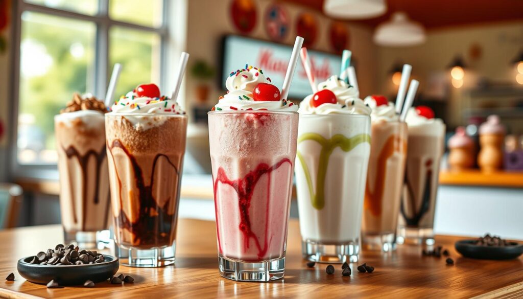 A vibrant, mouthwatering scene featuring a variety of Master Shakes in tall, frosty glasses arranged artistically on a polished wooden surface. Each shake showcases premium flavors such as chocolate fudge, strawberry cheesecake, and mint cookie, topped with whipped cream, colorful sprinkles, and cherries. In the foreground, a close-up shot captures the rich textures and colors of the shakes, with glistening condensation on the glass. The middle ground includes a few beautifully presented toppings like chocolate chips and crushed nuts. The background is softly blurred with a sunny, cheerful ice cream shop setting, illuminated by warm, inviting lighting, evoking a joyful atmosphere. The composition focuses on the delicious details without any distractions.