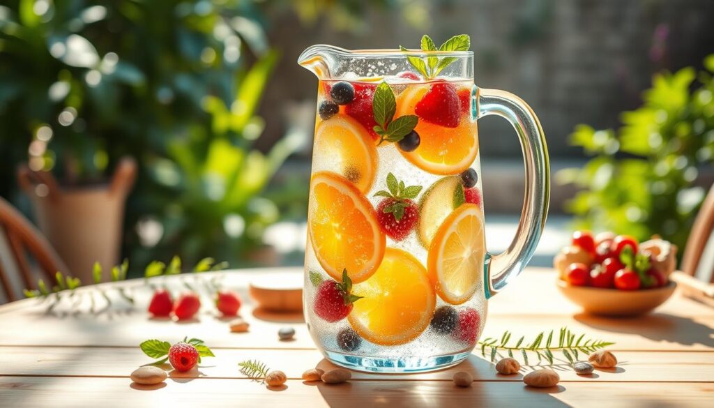 A vibrant, refreshing scene of “mermaid water” infused with an array of colorful, real fruits, set in a clear glass pitcher. In the foreground, the pitcher is filled with sparkling water, showcasing slices of juicy citrus fruits like oranges and lemons, along with bright berries and sprigs of mint, creating a playful and inviting appearance. The middle layer captures a softly lit table adorned with natural textures, like bamboo or light wood, surrounded by calming accents like smooth pebbles and small ferns. In the background, a tranquil outdoor garden setting is hazily visible, with dappled sunlight filtering through lush greenery, enhancing the serene, spa-like atmosphere. Utilize soft, diffused lighting to evoke a fresh and rejuvenating mood, ensuring the composition is balanced and harmonious.