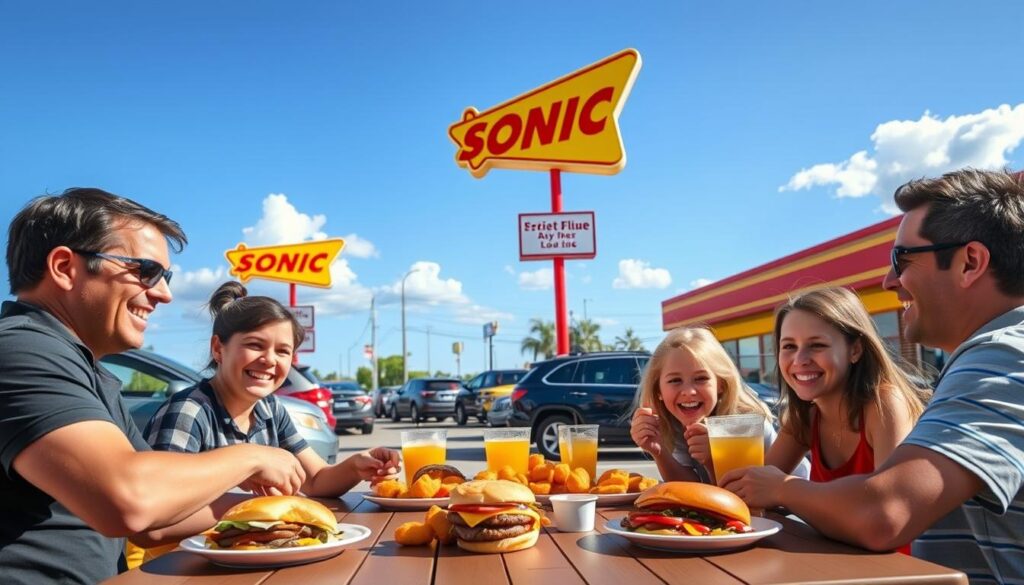 A vibrant scene depicting a Sonic Drive-In during lunch hours, showcasing a mixture of people enjoying their meals. In the foreground, a family of four sits at an outdoor table, smiling and sharing a variety of Sonic menu items like burgers, tater tots, and refreshing drinks. The middle ground features the iconic Sonic drive-thru, with cars lined up, some patrons leaning out of their windows, excitedly ordering. In the background, a bright blue sky with a few fluffy clouds enhances the inviting atmosphere. The lighting is warm and bright, suggesting a sunny afternoon, while the angle captures the bustling vibe of a popular lunch spot. The mood is cheerful and relaxed, emphasizing community and enjoyment of food.