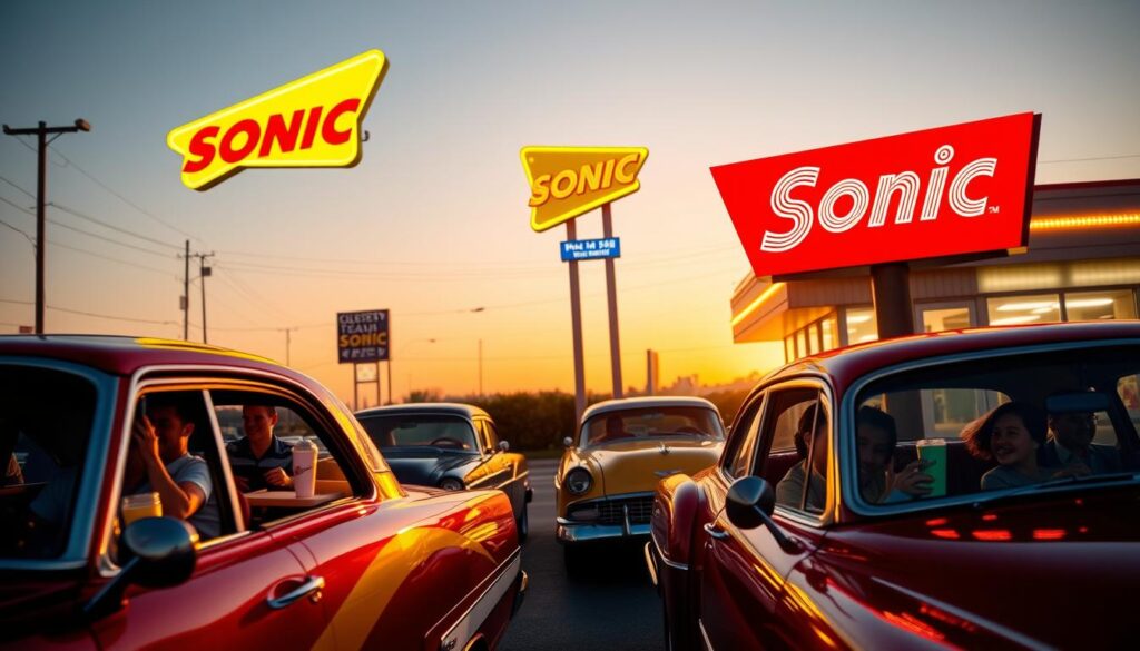 A vibrant scene depicting a local Sonic Drive-In restaurant during golden hour, capturing the essence of a classic drive-in dining experience. In the foreground, a brightly colored red and yellow Sonic carhop stand serves customers in their vehicles, showcasing staff in smart, casual uniforms. The middle ground features happy families enjoying their meals in vintage cars, with trays of colorful slushes and burgers adorning the windows. In the background, the iconic Sonic signage shines against the soft hues of the sunset, illuminating the scene. The lighting is warm and inviting, creating a nostalgic atmosphere. The angle is slightly elevated, allowing for a view of the bustling drive-in activity, filled with laughter and the vibrant energy of community.