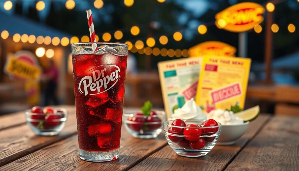 A vibrant scene featuring a glass of Dr. Pepper, with ice cubes visible, sitting elegantly on a rustic wooden table. In the foreground, the glass is adorned with a colorful striped straw, and condensation beads glisten on its surface. Surrounding the glass, small bowls contain various ingredients like fresh cherries, lime wedges, and whipped cream, hinting at creative custom drinks. In the middle ground, faint outlines of colorful drink menus from a Sonic drive-in can be seen, evoking the lively atmosphere of fan-favorite custom beverages. The background blurs softly, showcasing an outdoor setting at twilight, with fairy lights creating a warm, inviting glow. An overall cheerful and exciting mood pervades the image, inviting viewers to explore the world of unique Dr. Pepper concoctions.