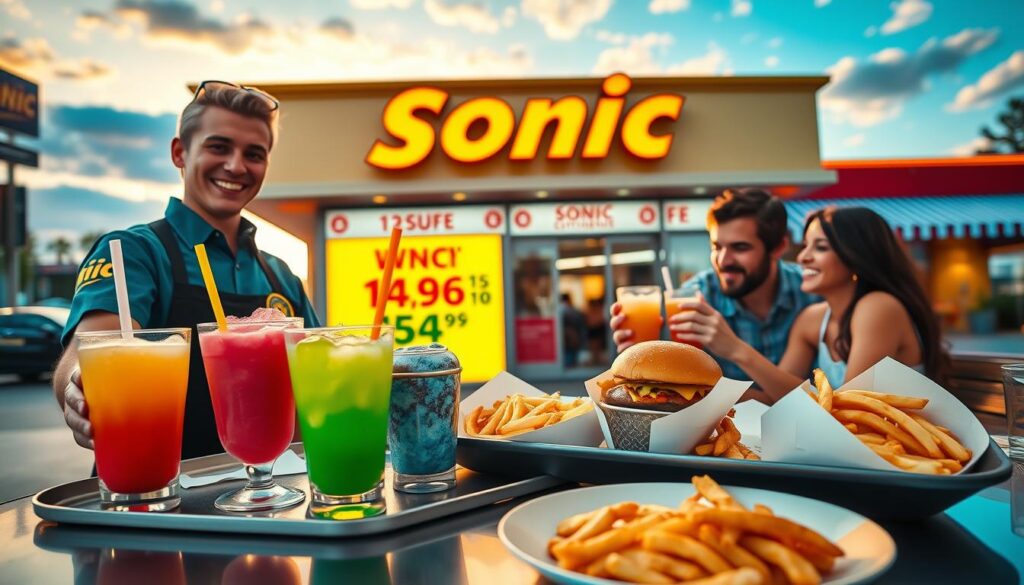 A vibrant scene showcasing a Sonic drive-in during happy hour, featuring colorful drink slushies and appetizing food items like burgers and fries placed on a sleek serving tray. In the foreground, a friendly server, wearing a Sonic uniform, is cheerfully presenting the deals to a couple at a table, who are smiling and enjoying their drinks. In the middle ground, a bright array of promotional signage highlighting discounted items is visible. The background features a retro-style Sonic location bathed in warm sunset lighting, with playful cloud patterns in a blue sky. Capture the festive atmosphere with a slightly angled view to emphasize the excitement of Sonic's Happy Hour.