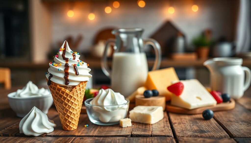 A visually appealing assortment of dairy products prominently displayed on a rustic wooden table. In the foreground, a creamy scoop of soft-serve ice cream in a crispy cone, adorned with a drizzle of chocolate and colorful sprinkles. Beside it, a small dish of fresh whipped cream and a few seasonal fruits, like strawberries and blueberries, add a pop of color. In the middle, an elegant glass pitcher filled with milk, accompanied by smooth cheese slices and butter pads, conveys the essence of dairy. The background softly blurs into a charming kitchen setting with warm, ambient lighting that creates a cozy atmosphere. The scene is shot from a slight top-down angle, inviting viewers to engage with the delicious variety of dairy while feeling the warmth and comfort of home.