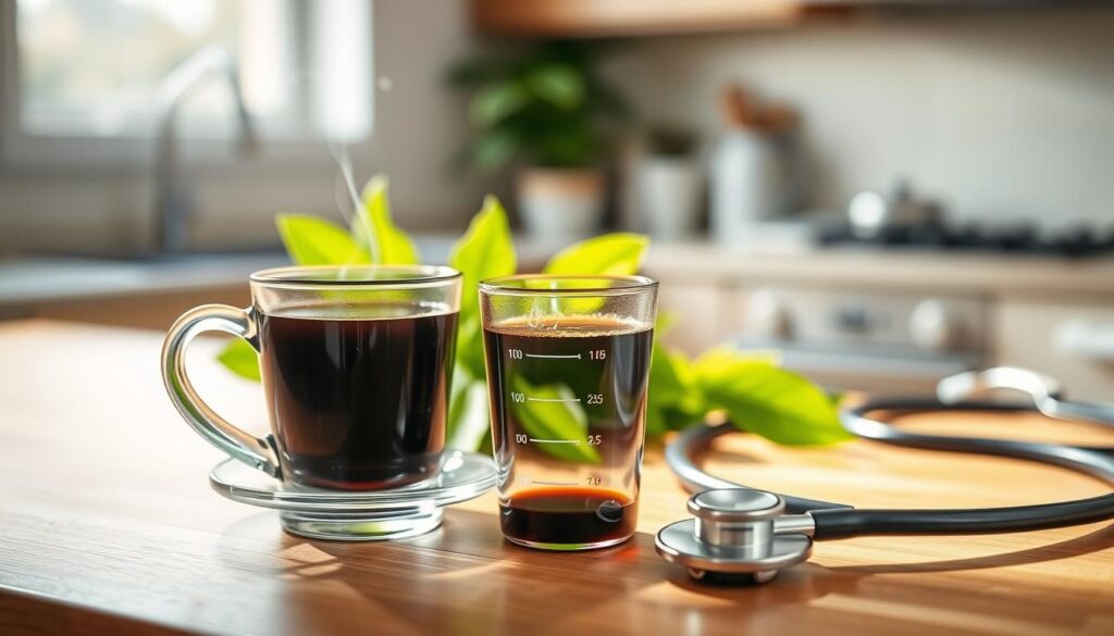 A visually engaging still life scene depicting insulin sensitivity through the use of a steaming cup of black coffee placed on a wooden table. In the foreground, a transparent measuring cup shows a well-structured layer of clear glucose solution, symbolizing blood sugar levels. The middle ground features fresh green leaves and a stethoscope, representing health and wellness. The background softly blurs to reveal a bright kitchen environment, filled with natural light filtering through a window, creating a warm atmosphere. Soft shadows add depth to the scene, and a slight bokeh effect enhances the focus on the coffee cup and glucose measurement. The overall mood should convey balance, health, and vitality, supporting the theme of regulating coffee consumption to improve insulin sensitivity.
