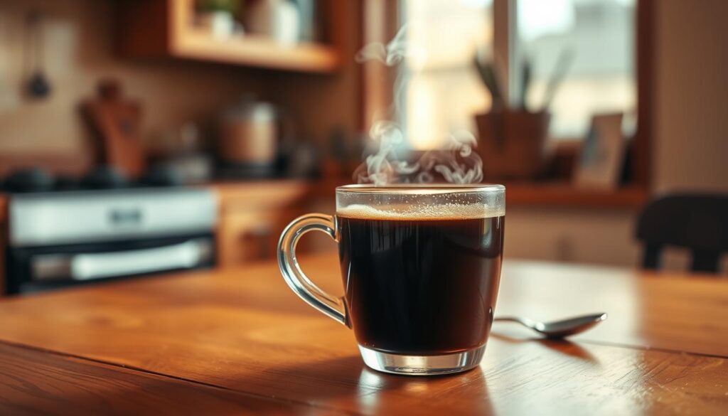 A warm, inviting scene of a coffee cup on a wooden table, the cup filled with rich, dark coffee, surrounded by light swirls of creamer. In the foreground, delicate steam rises from the cup, creating a cozy atmosphere. The middle layer features a stylishly arranged small container of flavored coffee creamer, perhaps vanilla or hazelnut, with a small spoon beside it. The background is softly blurred, showcasing a warm-toned kitchen with natural light streaming in through a window, illuminating the surface of the table. The overall mood is serene and comforting, evoking the daily ritual of enjoying coffee, with a focus on gradual change toward less creamer. Use a shallow depth of field to emphasize the coffee cup while maintaining a soft focus on the background.