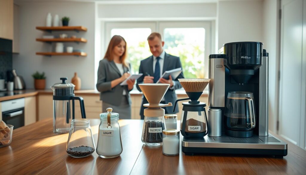 A well-organized coffee service setup in a bright, modern kitchen. In the foreground, a polished wooden table displays an array of coffee brewing tools: a French press, pour-over dripper, and a sleek coffee machine, along with neatly labeled containers of coffee beans and sugar. In the middle ground, two people, dressed in professional business attire, are engaged in planning the coffee service, with one taking notes on a notepad and the other measuring coffee grounds. The background showcases a sunny window with greenery outside, adding a fresh touch. Soft, natural lighting filters through, creating an inviting atmosphere, perfect for a group gathering. The overall mood is productive and cheerful, emphasizing preparation and community.