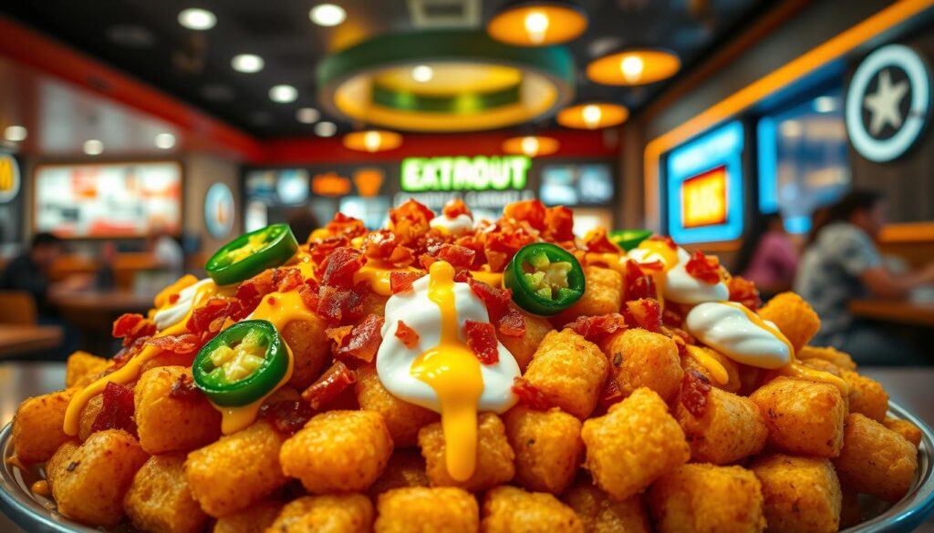A whimsical and vibrant display of "extreme tots upgrade," featuring a generous serving of crispy tater tots topped with a variety of colorful and indulgent ingredients. In the foreground, show golden-brown tots drizzled with rich cheese sauce, sprinkled with crisp bacon bits, and adorned with vivid jalapeño slices and dollops of tangy sour cream. In the middle, include a stylish fast-food restaurant setting with a hint of playful decor, emphasizing the fun nature of secret menu items. The background should portray a lively atmosphere, with bright neon lights subtly glowing and patrons enjoying their meals. Use warm, inviting lighting to create an appetizing mood, captured from a slightly overhead angle to emphasize the richness and texture of the food.
