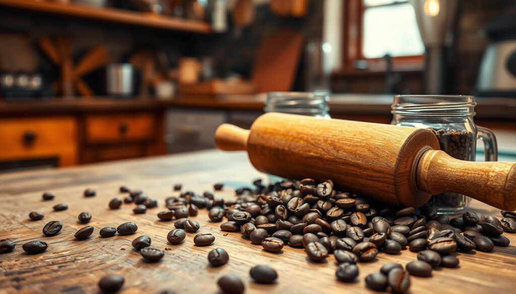 A wooden rolling pin rests on a rustic kitchen countertop, surrounded by scattered coffee beans. Some beans are partially crushed, hinting at the manual grinding process, while others are whole and glistening. In the background, a quaint kitchen scene is visible, with warm, ambient lighting filtering through a window, casting soft shadows. A small glass jar filled with freshly ground coffee is placed nearby, complementing the earthy tones of the scene. The focus is sharp on the rolling pin and beans in the foreground, while the background is slightly blurred to create depth. The overall atmosphere is cozy and inviting, emphasizing the art of manual coffee grinding in a homey setting.