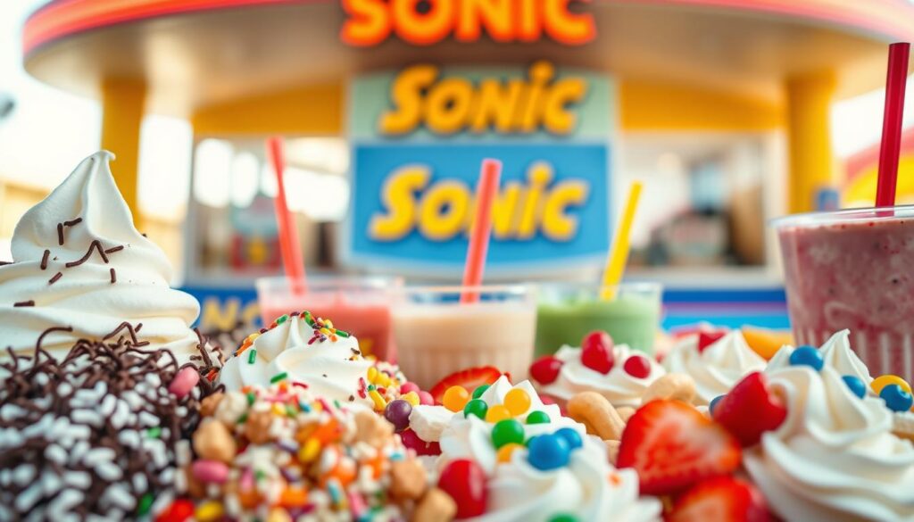 An assortment of colorful and appetizing Sonic shake toppings, artistically arranged in a vibrant, enticing display. In the foreground, an array of toppings such as whipped cream swirls, chocolate sprinkles, colorful gummy candies, and fresh fruit slices like strawberries and bananas. The middle ground features a few clear plastic cups filled with various shake flavors, showcasing the rich and creamy textures. In the background, a bright and cheerful Sonic drive-in setting, softly blurred to evoke a sense of excitement and fun. The scene is illuminated with warm, natural light, creating a playful and inviting atmosphere. The angle captures the depth of the toppings, emphasizing their delightful variety, inspiring readers to customize their perfect shake.