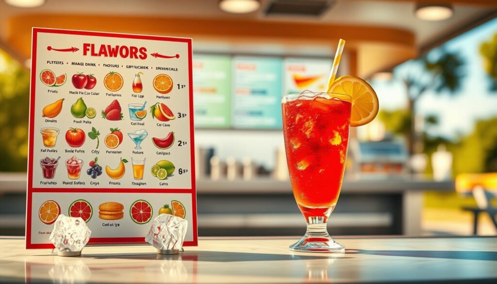 An inviting and colorful flavor menu displayed prominently in the foreground, showcasing a variety of vibrant drink options with artistic illustrations of fruit and flavor icons. The "good ice," crystalline and shimmering, is prominently featured next to a tantalizing drink. In the middle, a sleek, modern drive-in style counter adorned with a retro aesthetic that captures the essence of Sonic. The background should be softly blurred, hinting at a cheerful outdoor setting, with warm, golden lighting that evokes a sunny day. The entire scene radiates a fun, playful atmosphere, encouraging creativity and personalization in drink choices. An inviting composition, shot with a shallow depth of field to emphasize the menu and ice, creating a sense of immersion in Sonic's flavor adventure.